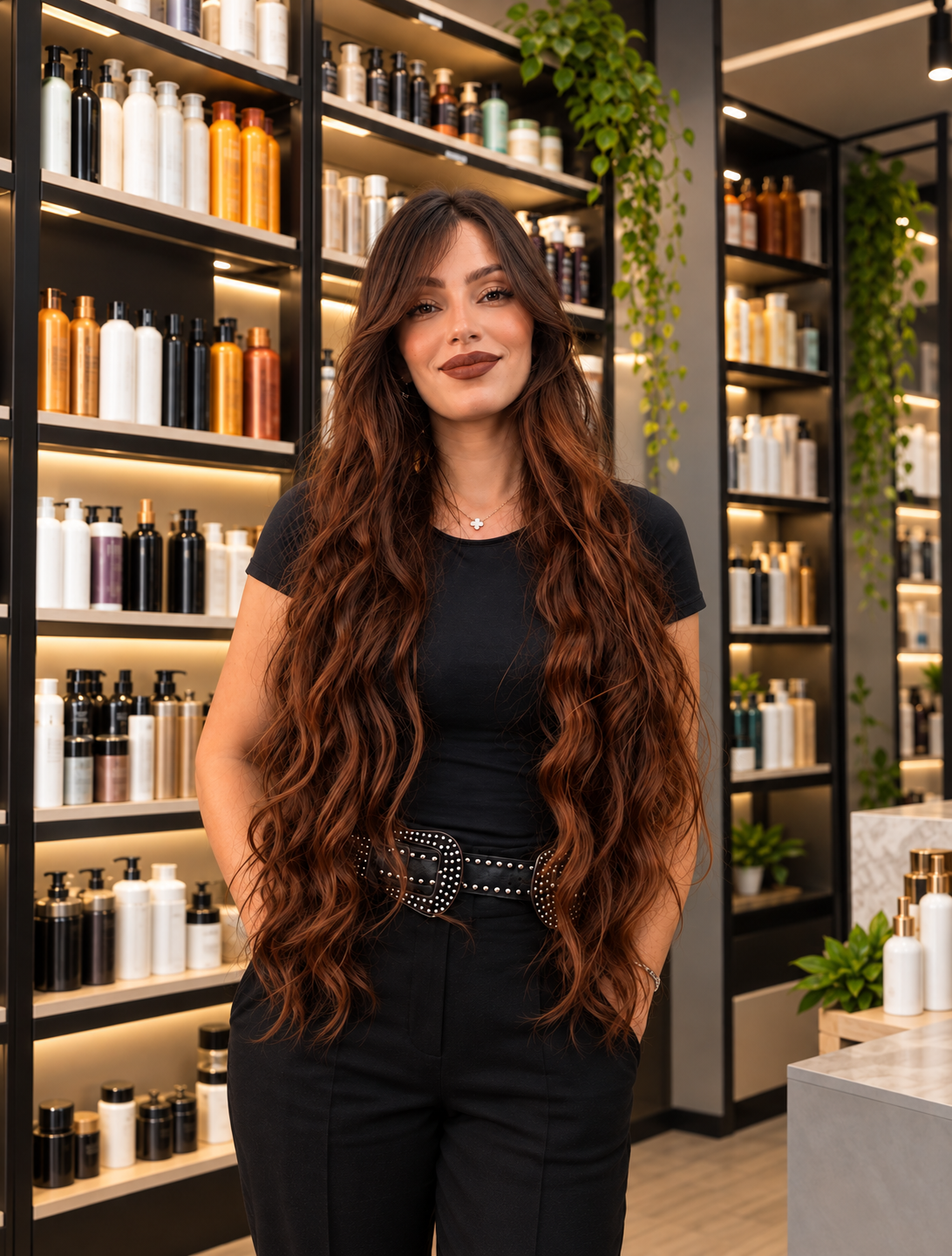 Sarah Lancaster com cabelos longos e ondulados em uma loja de cosméticos